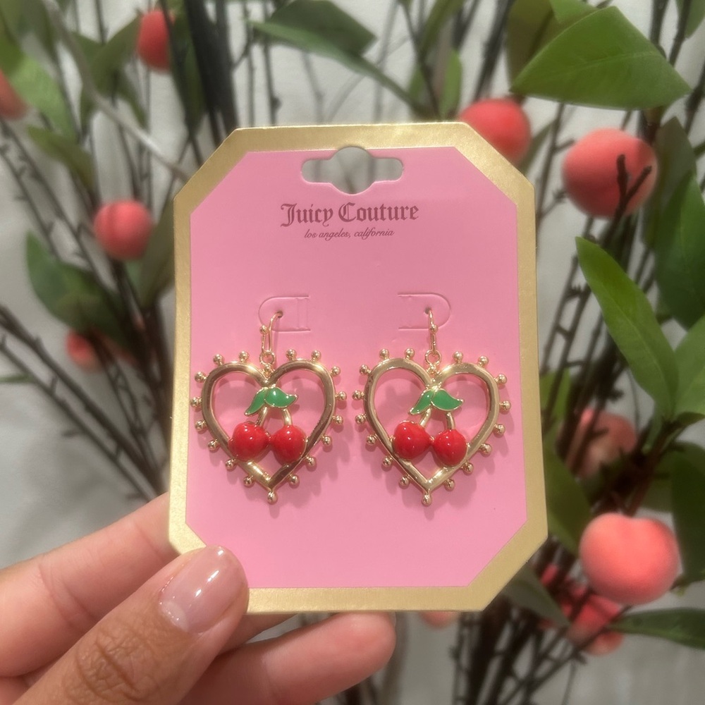 Juicy Couture Gold Heart Earrings with Red Cherries
